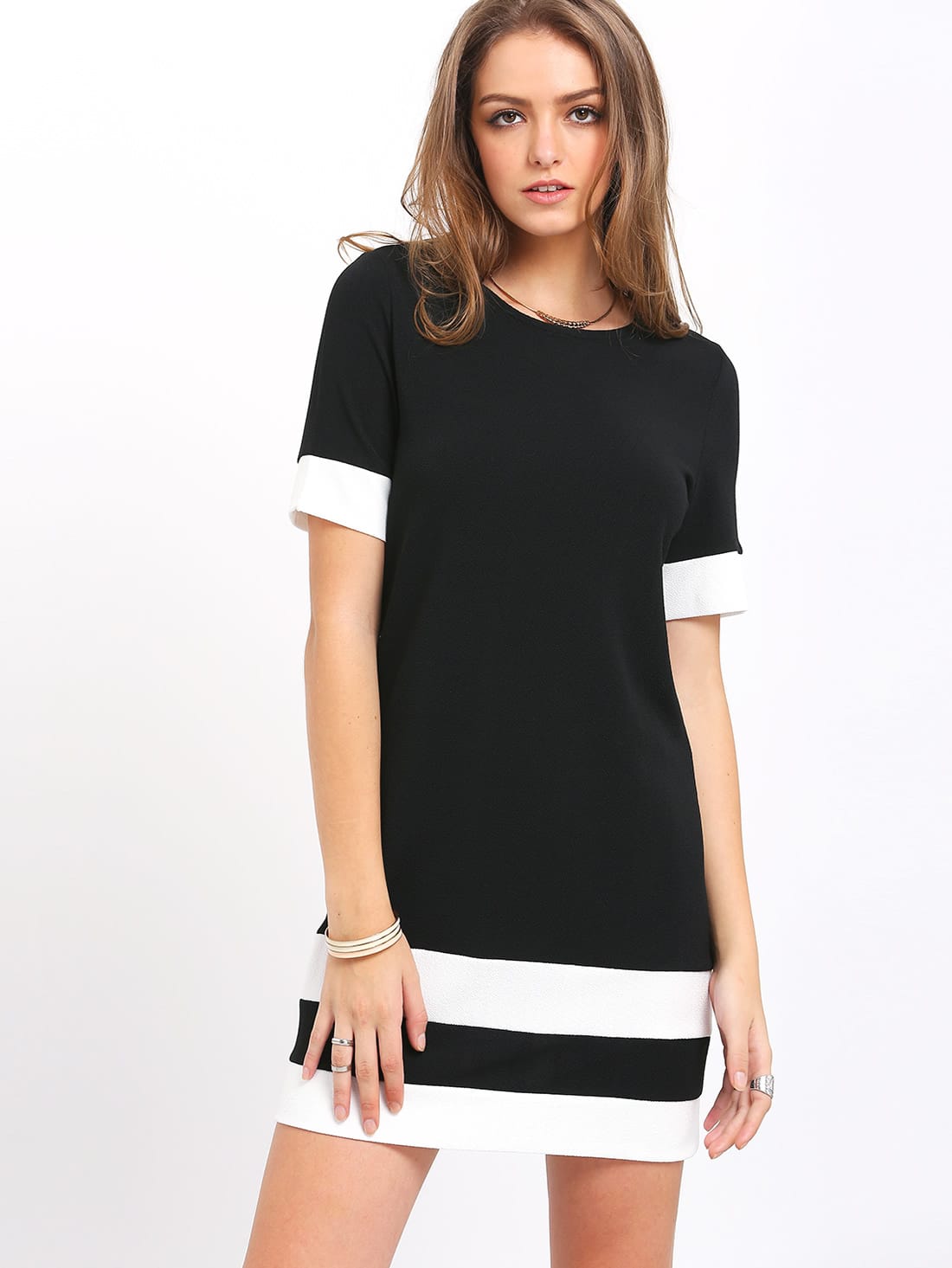Black White Patchwork Short Sleeve Shift DressFor Womenromwe