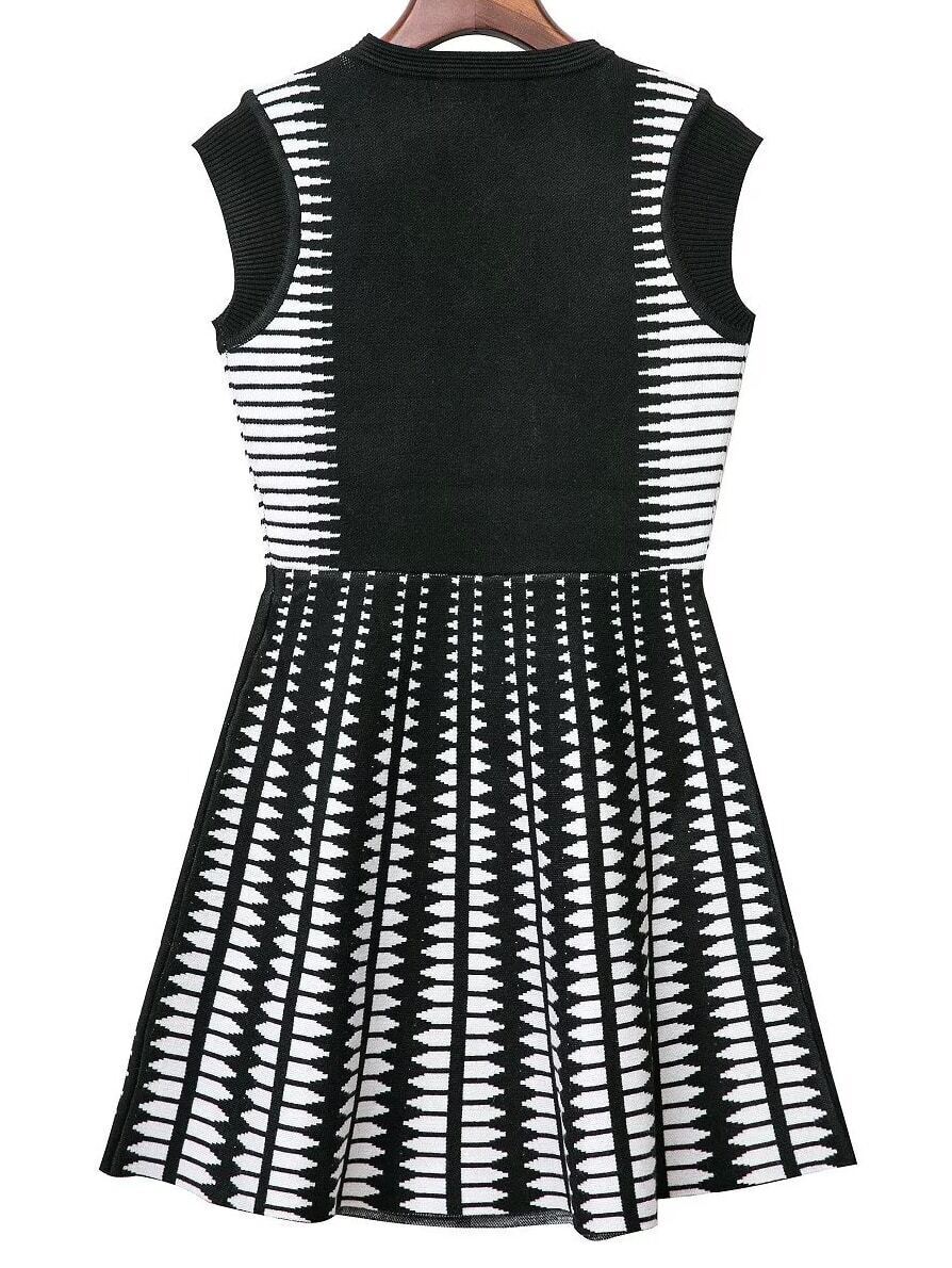 Black White Geometric Pattern Sleeveless Knit DressFor Womenromwe