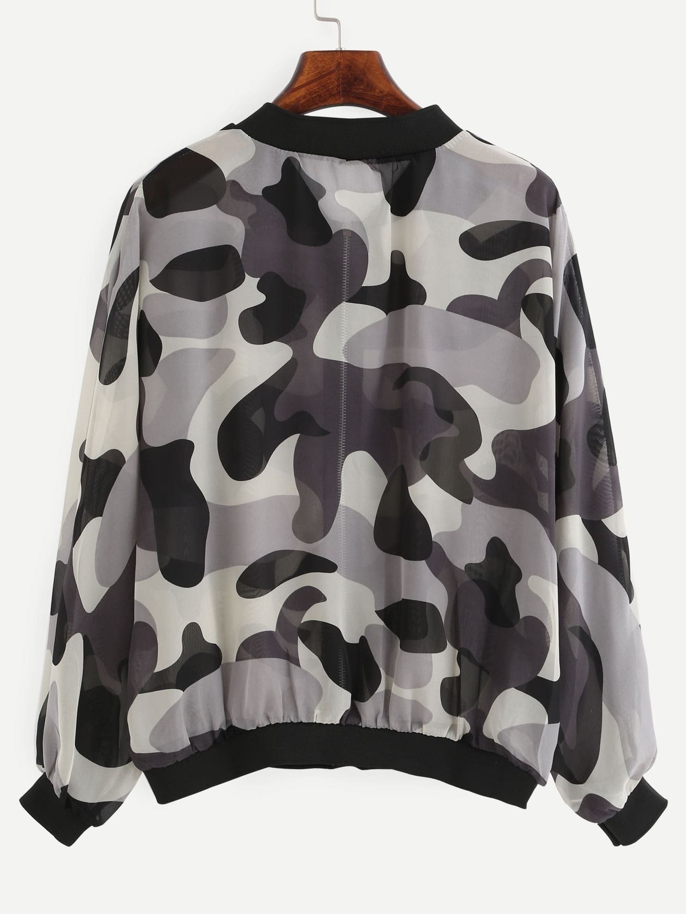 Grey Camo Print Chiffon Bomber JacketFor Womenromwe