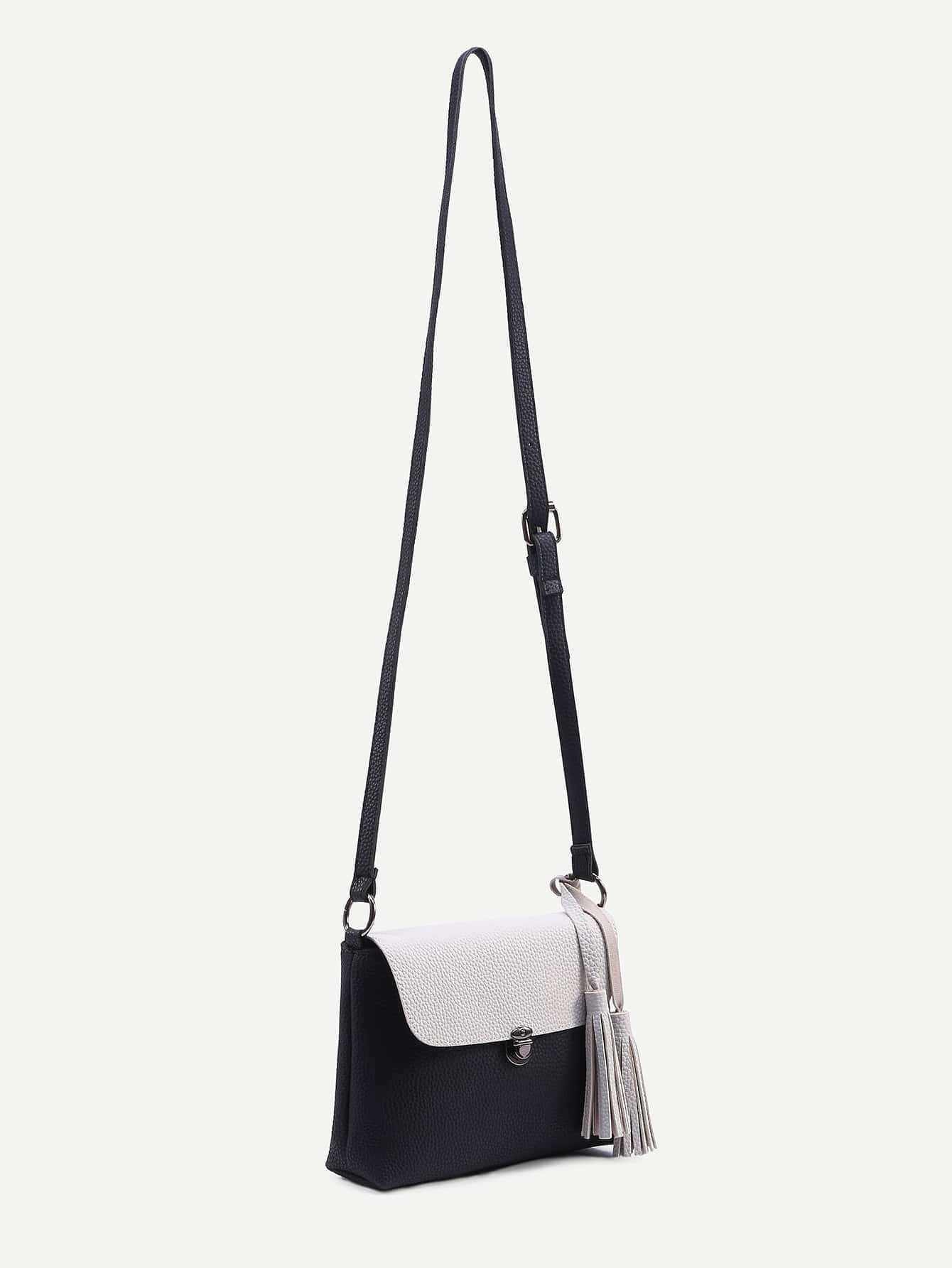 Black Tassel Trim Contrast Flap Pebbled Crossbody BagFor Womenromwe