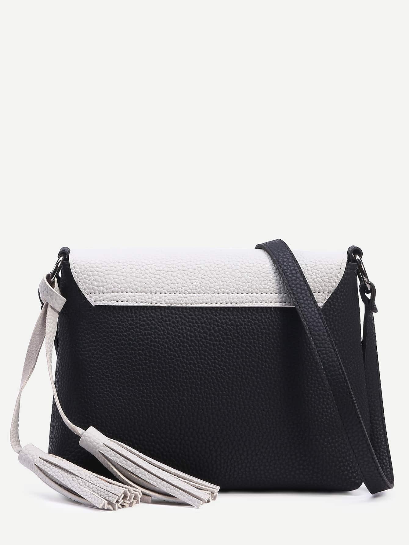 Black Tassel Trim Contrast Flap Pebbled Crossbody BagFor Womenromwe