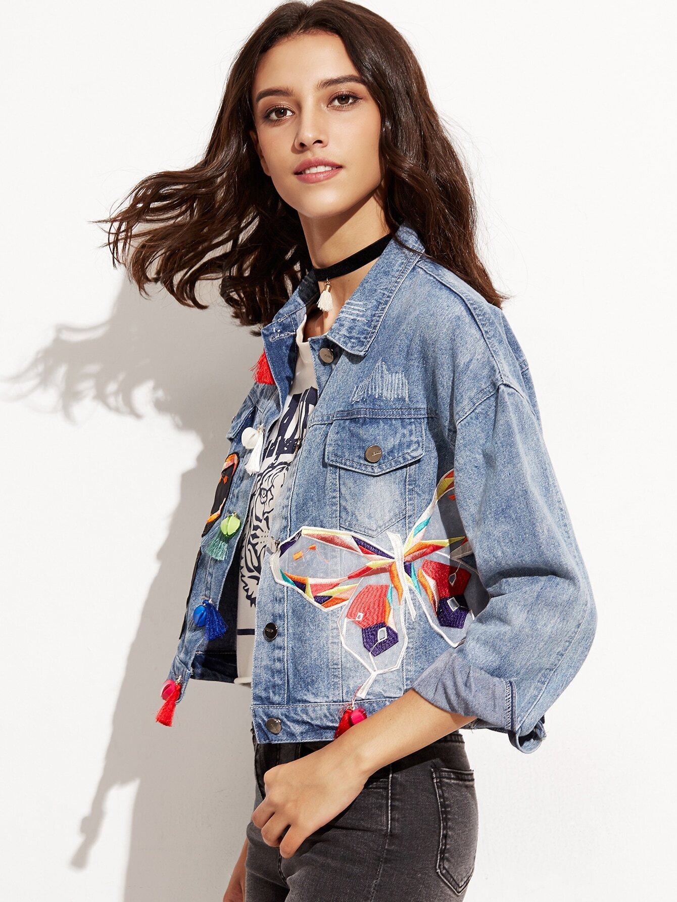 Blue Embroidered Tassel Trim Denim JacketFor Womenromwe