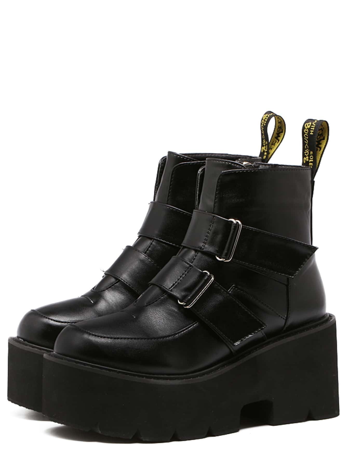 Black Faux Leather Buckle Strap Platform BootsFor Womenromwe