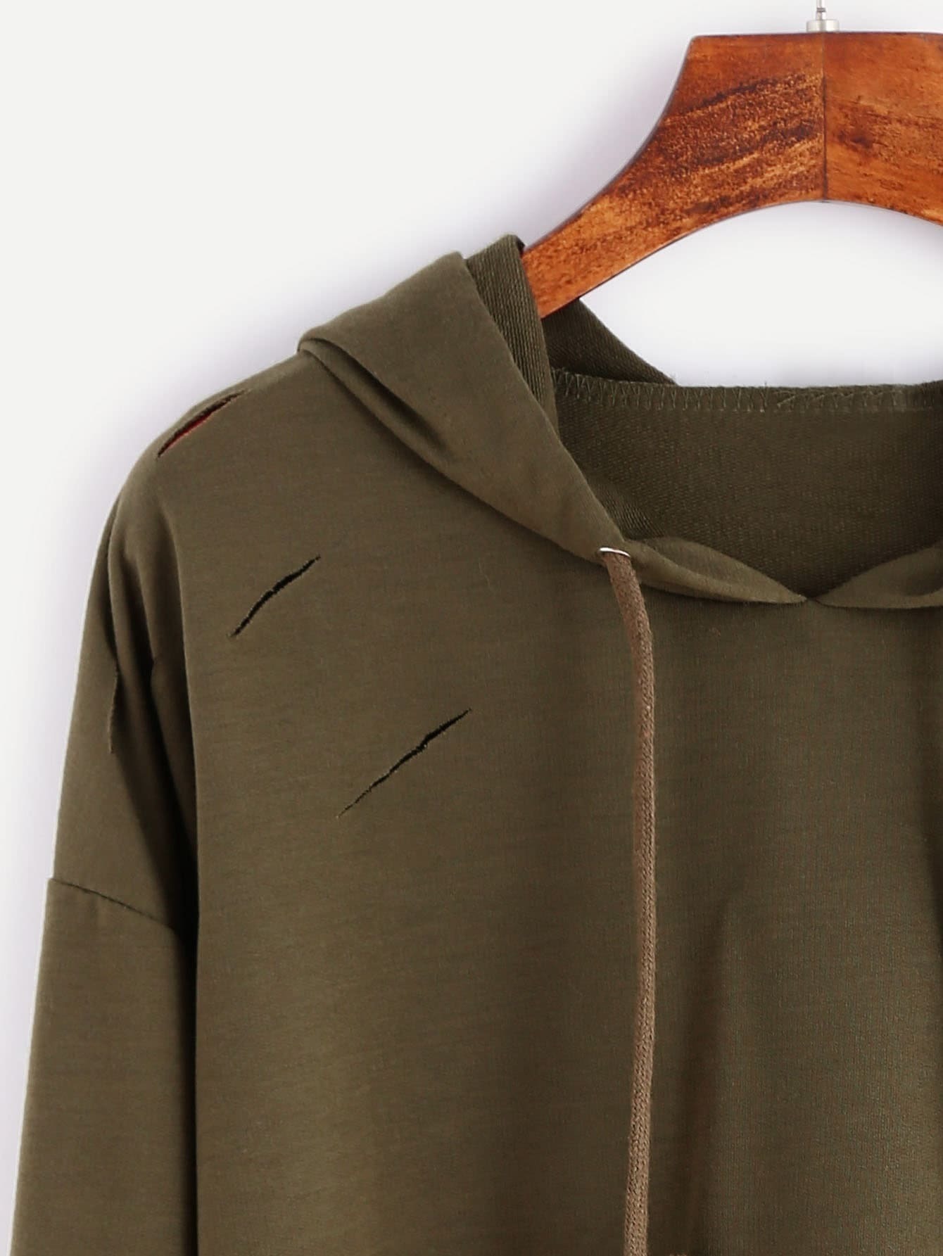 Khaki Drop Shoulder Ripped Drawstring Hooded Sweatshirt