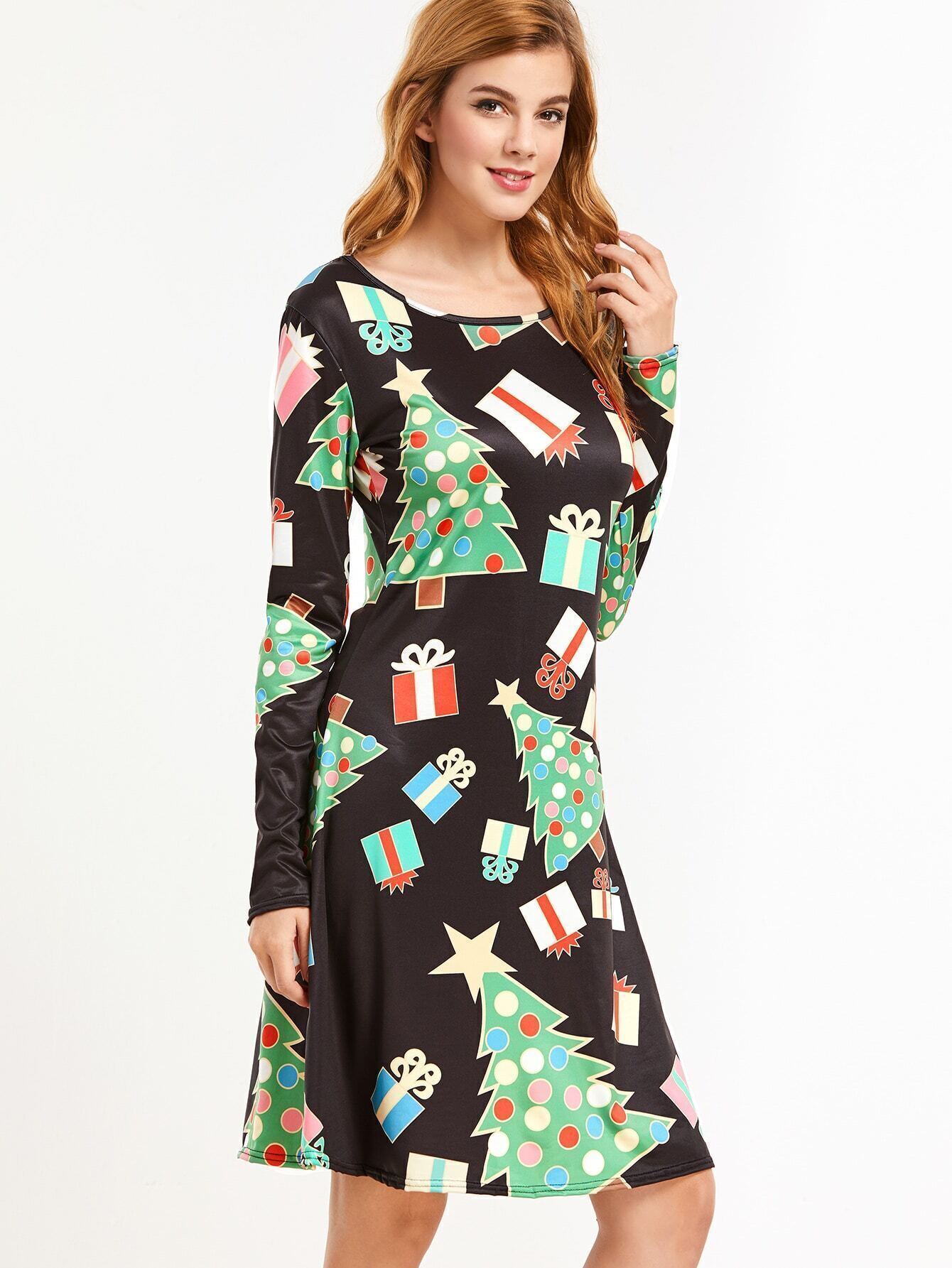 christmas print long sleeve a line dressfor women romwe christmas print long sleeve a line dressfor women romwe