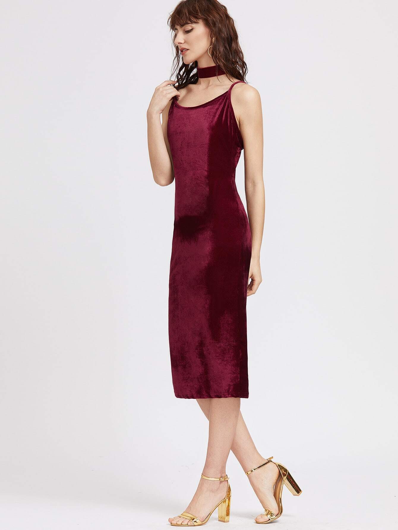 Burgundy Slit Hem Velvet Slip DressFor Womenromwe