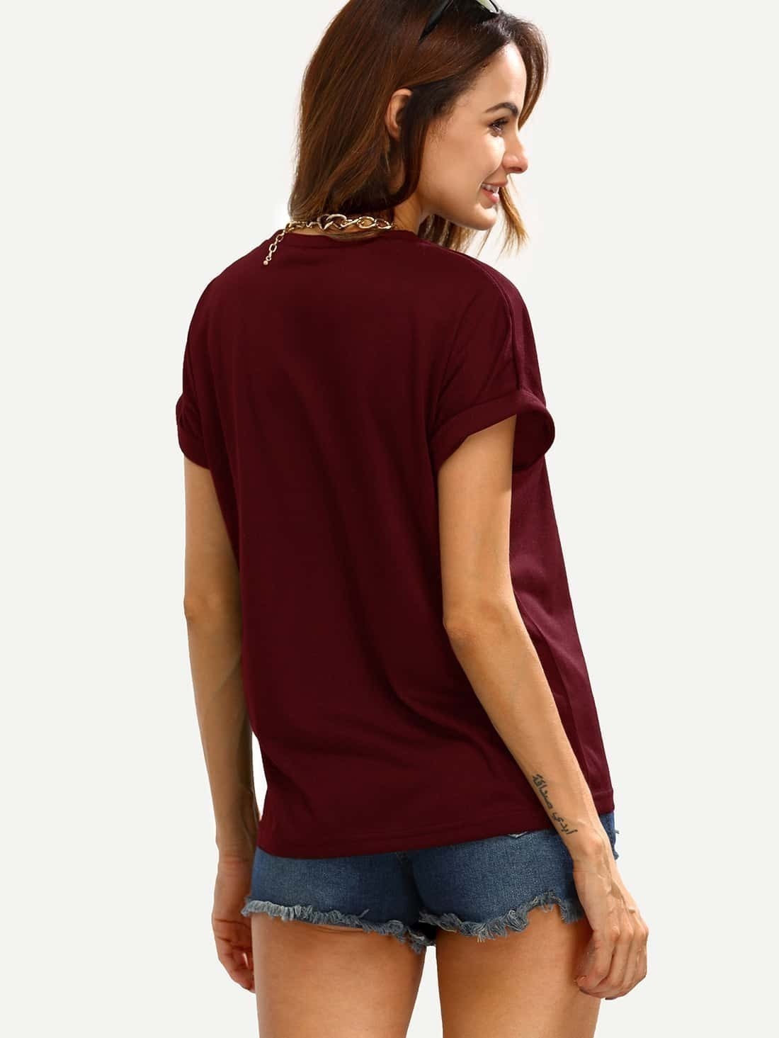 Burgundy Letter Print Cuffed Tshirt