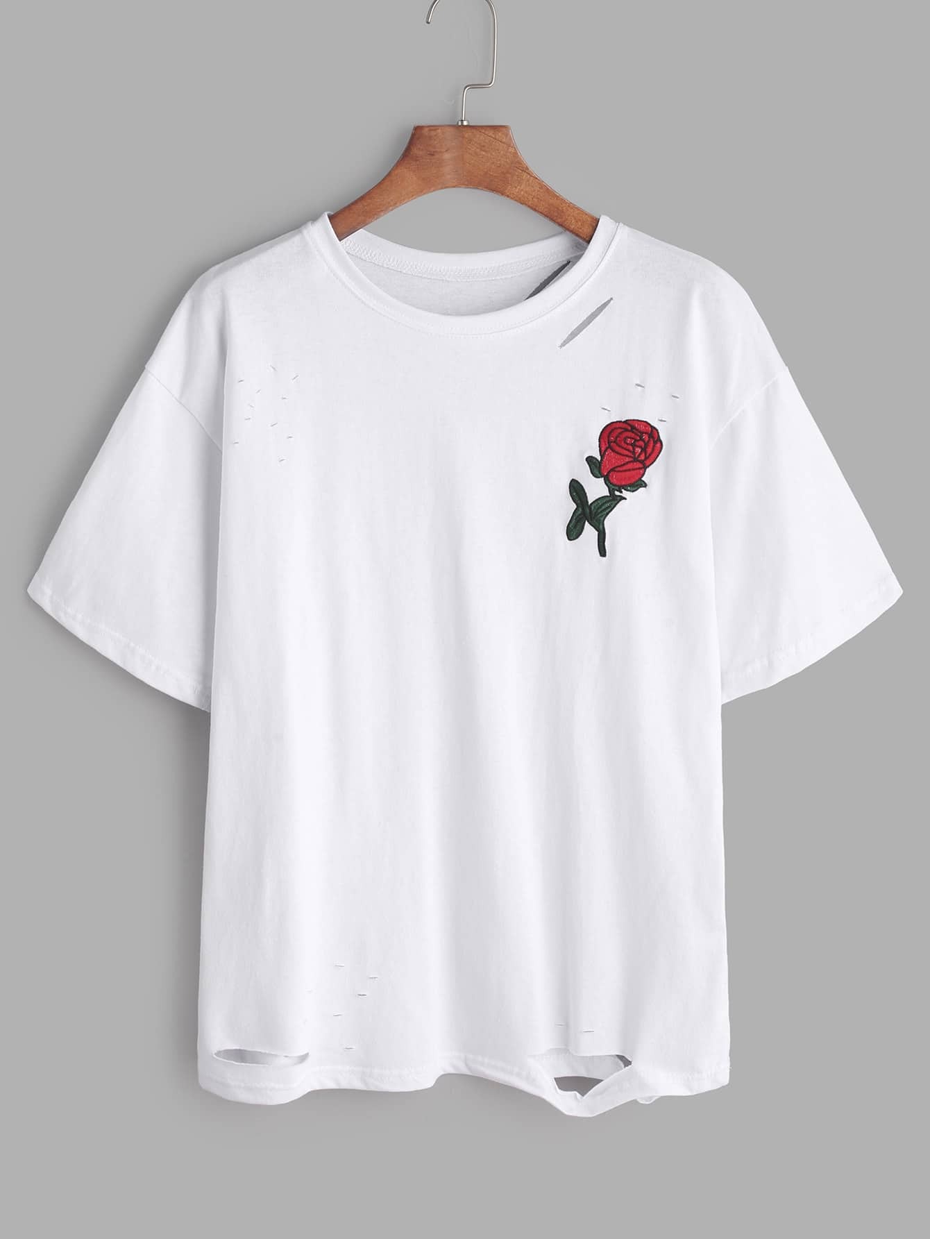 White Rose Embroidered Ripped T-shirtFor Women-romwe