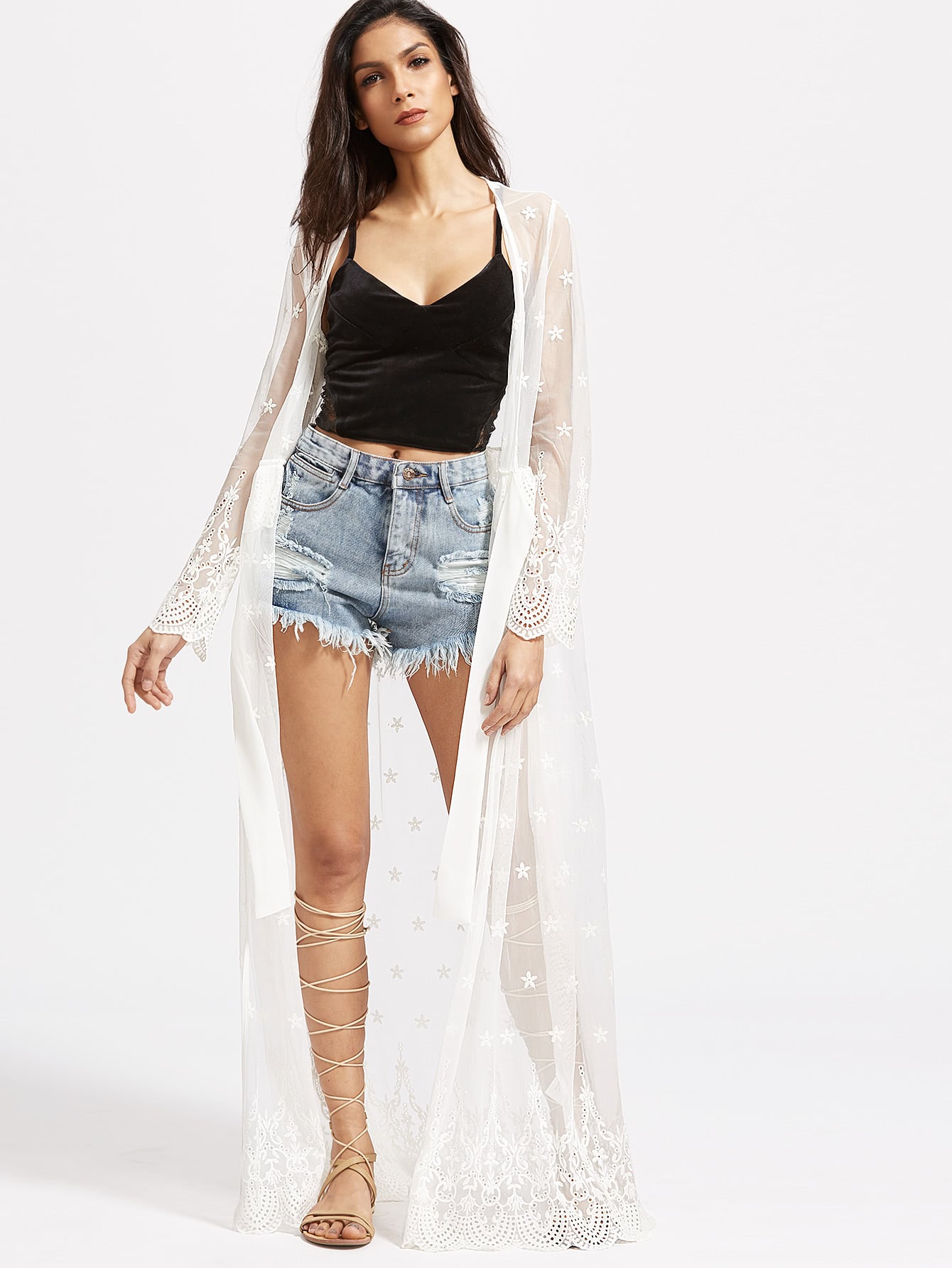 Crochet Trim Embroidered Sheer Maxi KimonoFor Womenromwe