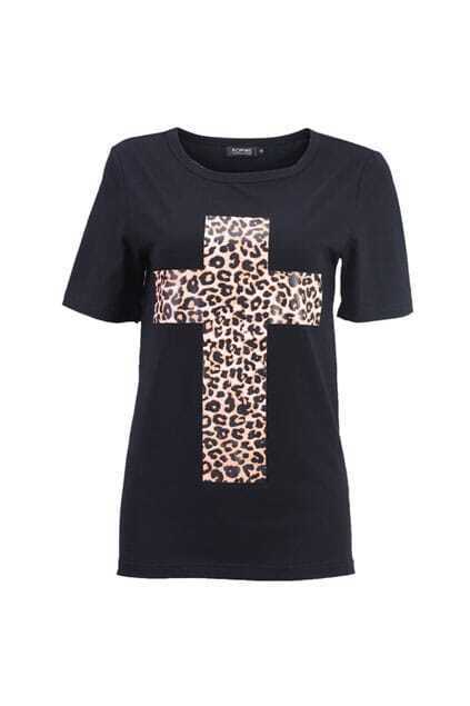 Leopard Cross Black T-shirtFor Women-romwe