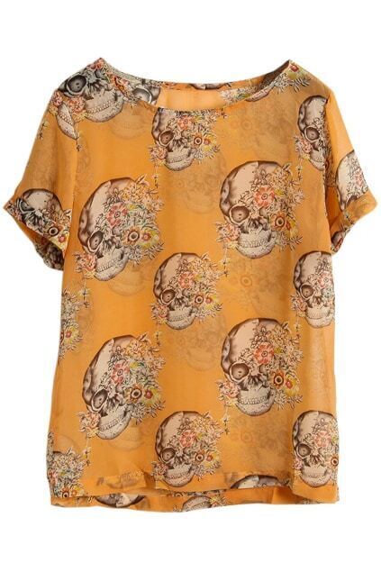 skull print orange blousefor romwe skull print orange blousefor romwe