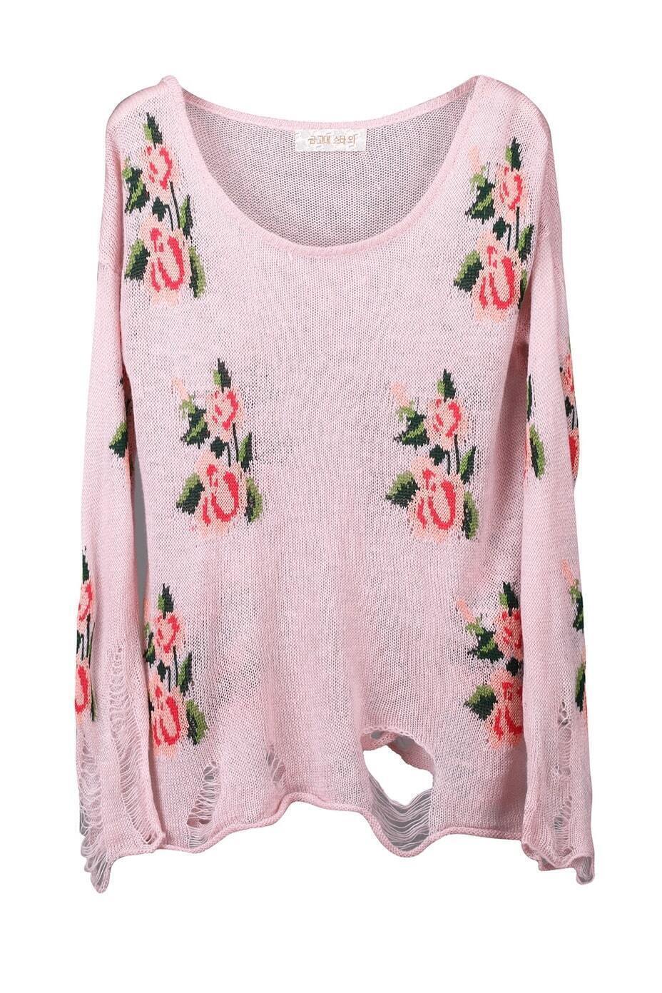Knitted Floral Print JumperFor Womenromwe