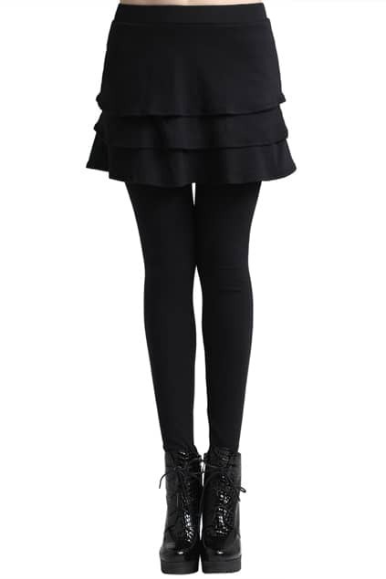 ROMWE Layered Skirt Solid Black LeggingsFor Women-romwe