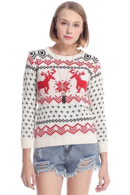 ROMWE Christmas Sweater Deers Snowflake Fair Isle Pattern White JumperFor Women-romwe