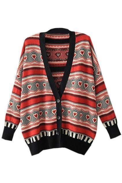 V-neck Ethnic Red CardiganFor Women-romwe