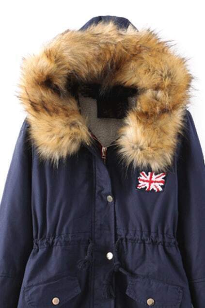 Drawstring Pocketed Faux Fur Hoodie Dark-blue CoatFor Women-romwe