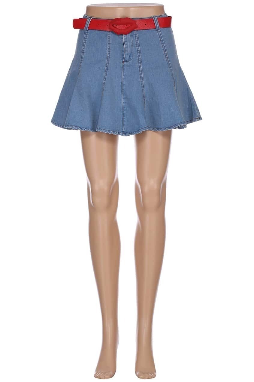 ROMWE Belted Blue Denim Skater SkirtFor Womenromwe