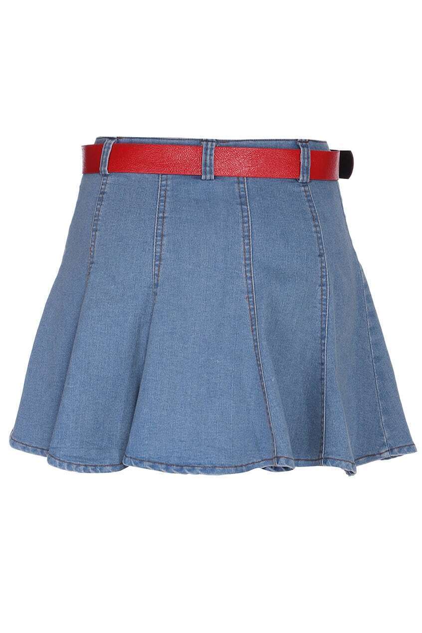 ROMWE Belted Blue Denim Skater SkirtFor Womenromwe