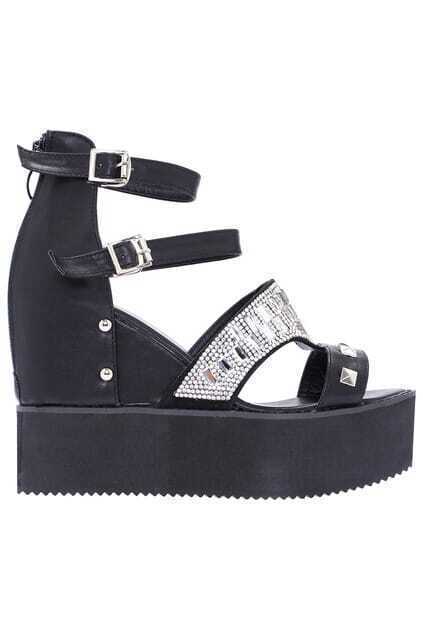 ROMWE Diamante Black Vinyl Platform Sandals