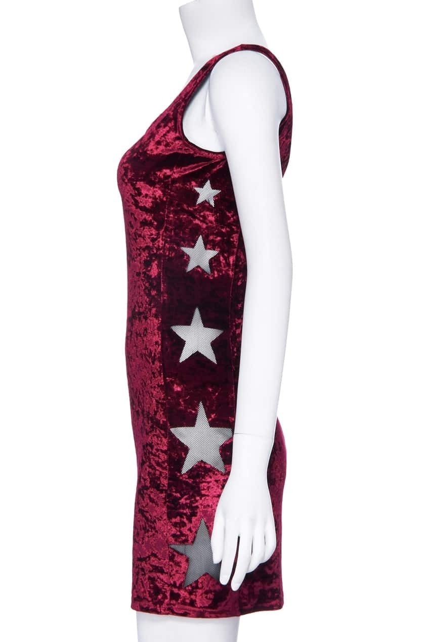 ROMWE Stars Cutout Burgundy Velvet DressFor Women-romwe