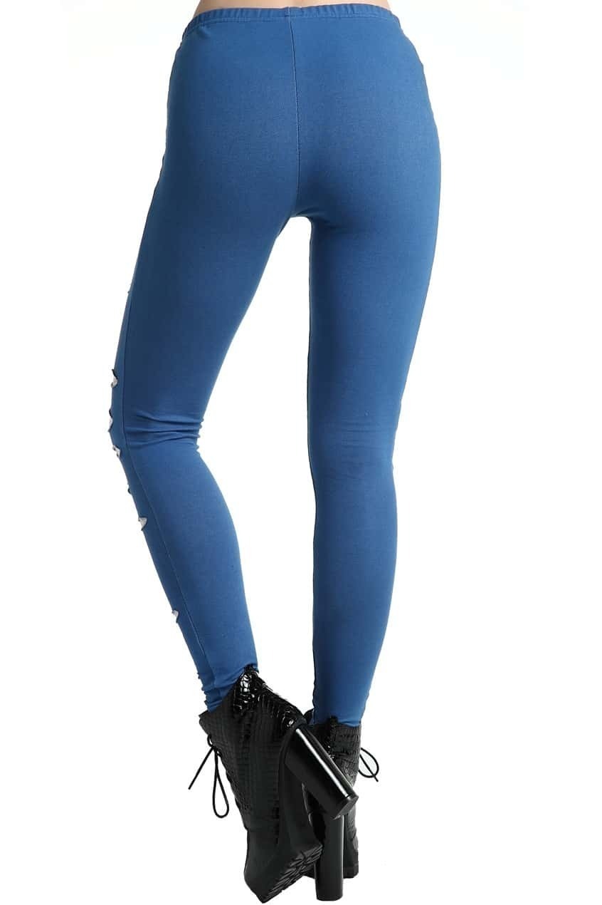 ROMWE Dualtone Distressed Turquoise Slit LeggingsFor Womenromwe