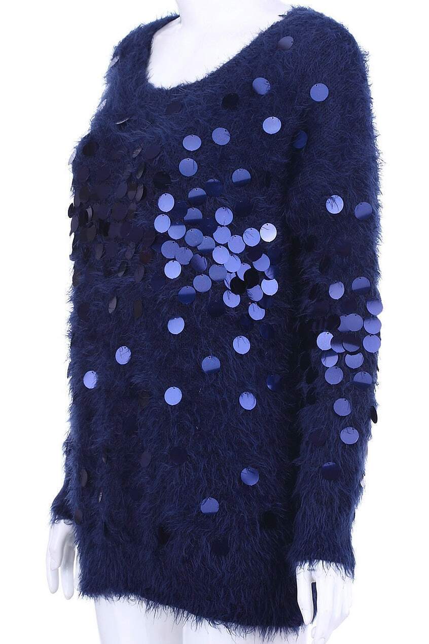 Faux Mohair Dark-blue Jumper with SequinsFor Women-romwe