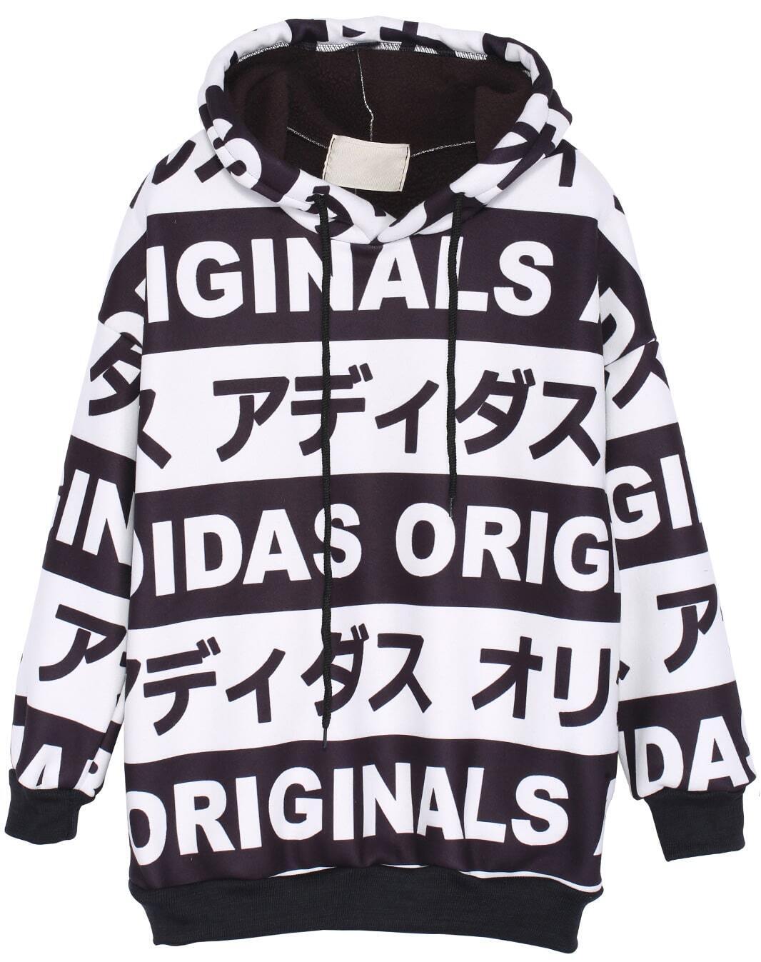 Hooded Letters Print Black and White SweatshirtFor Womenromwe