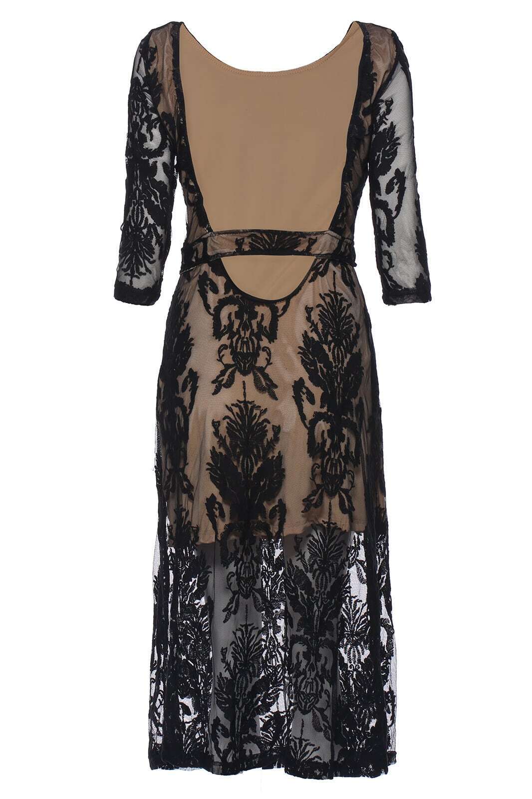 Embroidery Floral Lace Half Sleeve Black DressFor Womenromwe