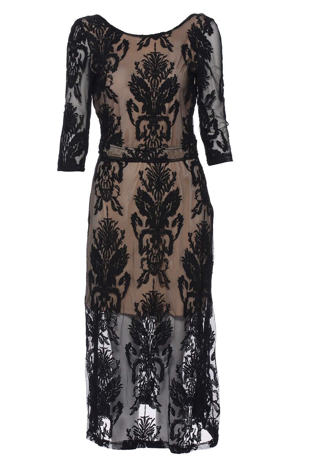 Embroidery Floral Lace Half Sleeve Black DressFor Womenromwe