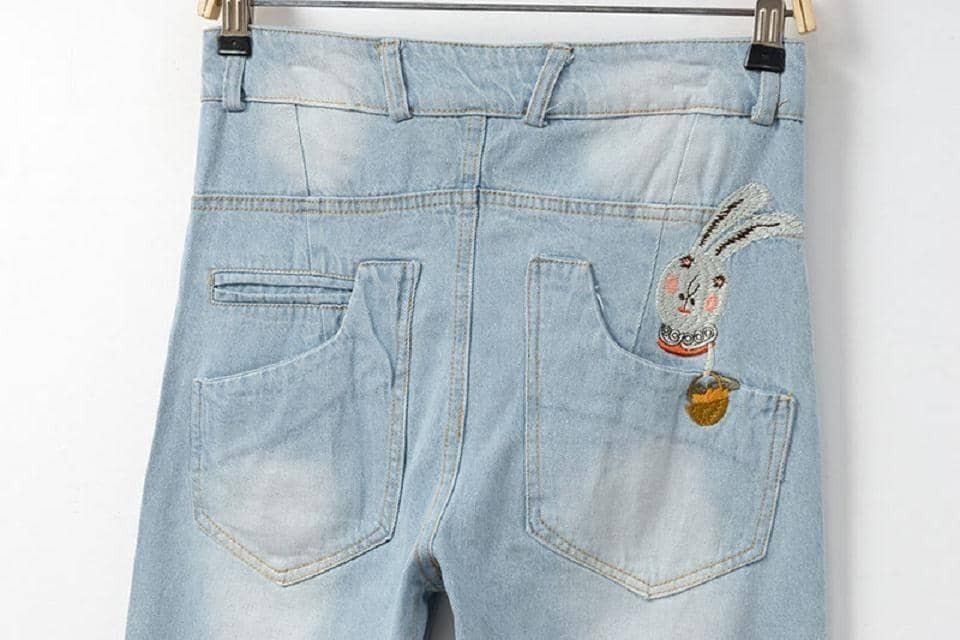 Rabbit Embroidered Denim Loose PantFor Womenromwe