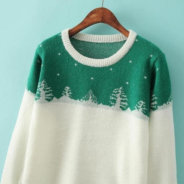 Green Christmas Tree Print Color Block SweaterFor Womenromwe