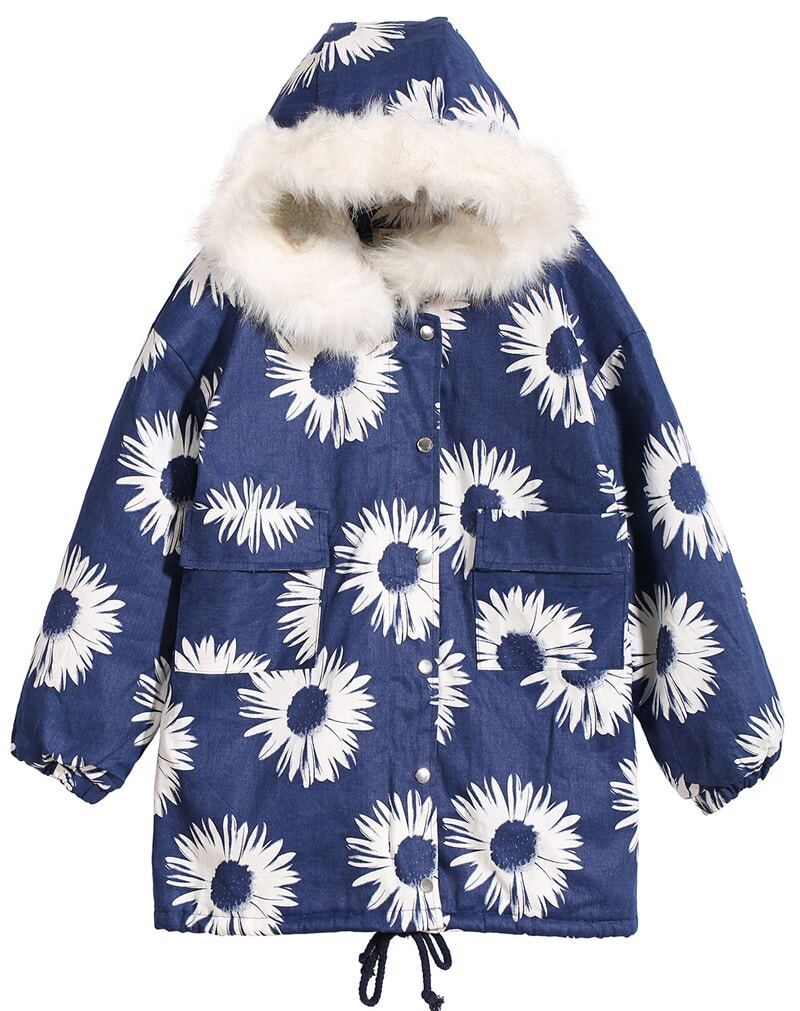 Daisy Print Hooded CoatFor Womenromwe