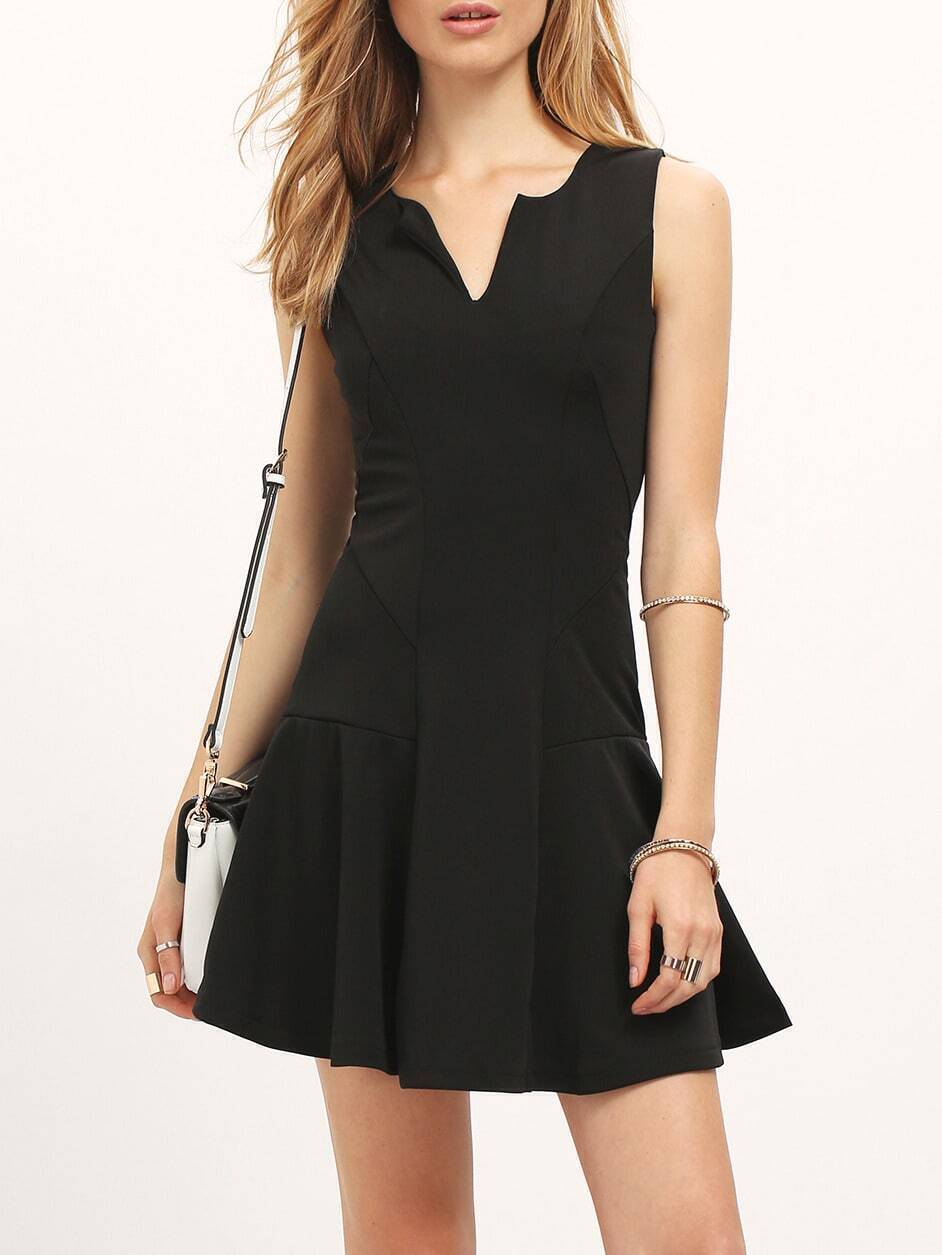 robe jabot sans manche col v Noir French Romwe