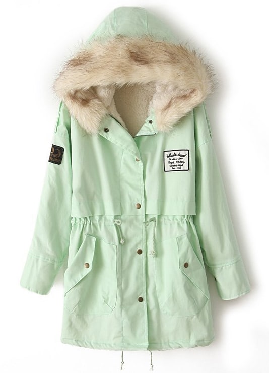 Zipper Embellished Fleece Inside Military Mint Green Coat