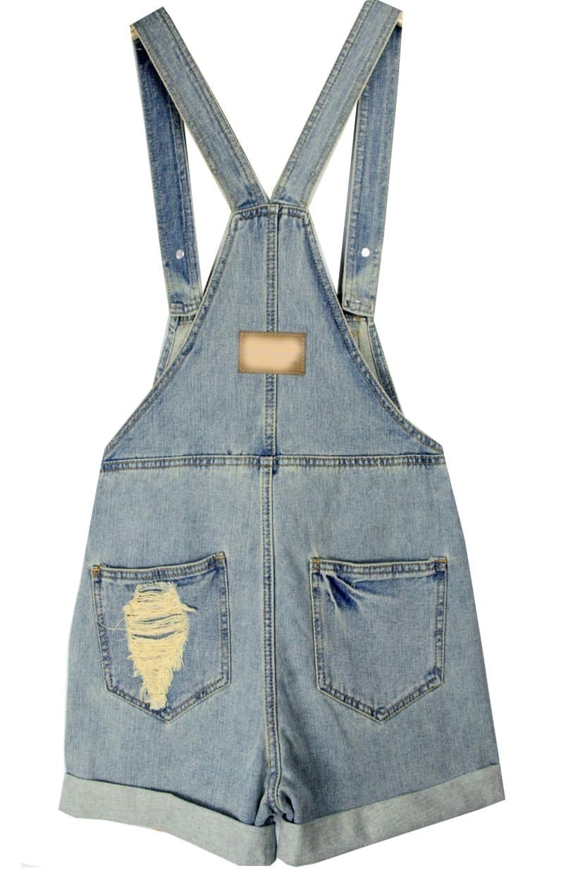 Light Blue Ripped Denim Suspender ShortsFor Womenromwe