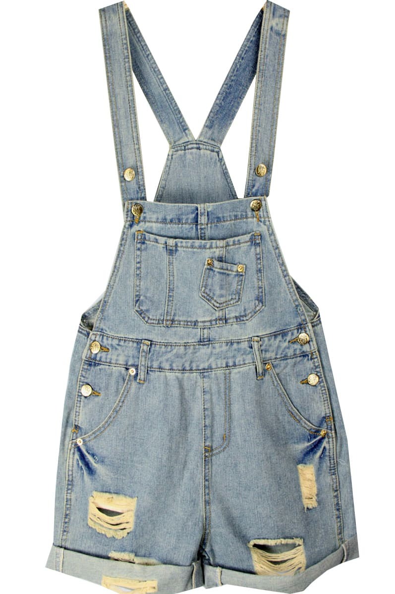 Buttoned Ripped Blue Denim Suspender ShortsFor Womenromwe