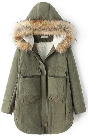 Faux Fur Hooded Pockets Green CoatFor Women-romwe