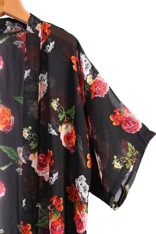 Floral Print Tassel Chiffon KimonoFor Womenromwe