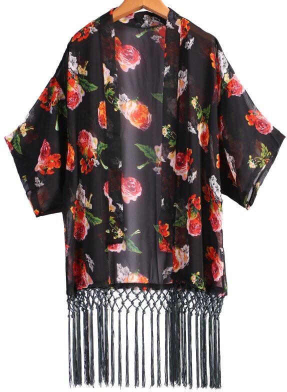 Floral Print Tassel Chiffon KimonoFor Womenromwe