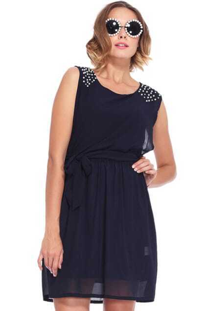 Beaded Self-tied Pleated Dark-blue DressFor Women-romwe