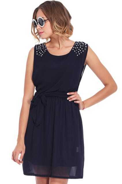 Beaded Self-tied Pleated Dark-blue DressFor Women-romwe