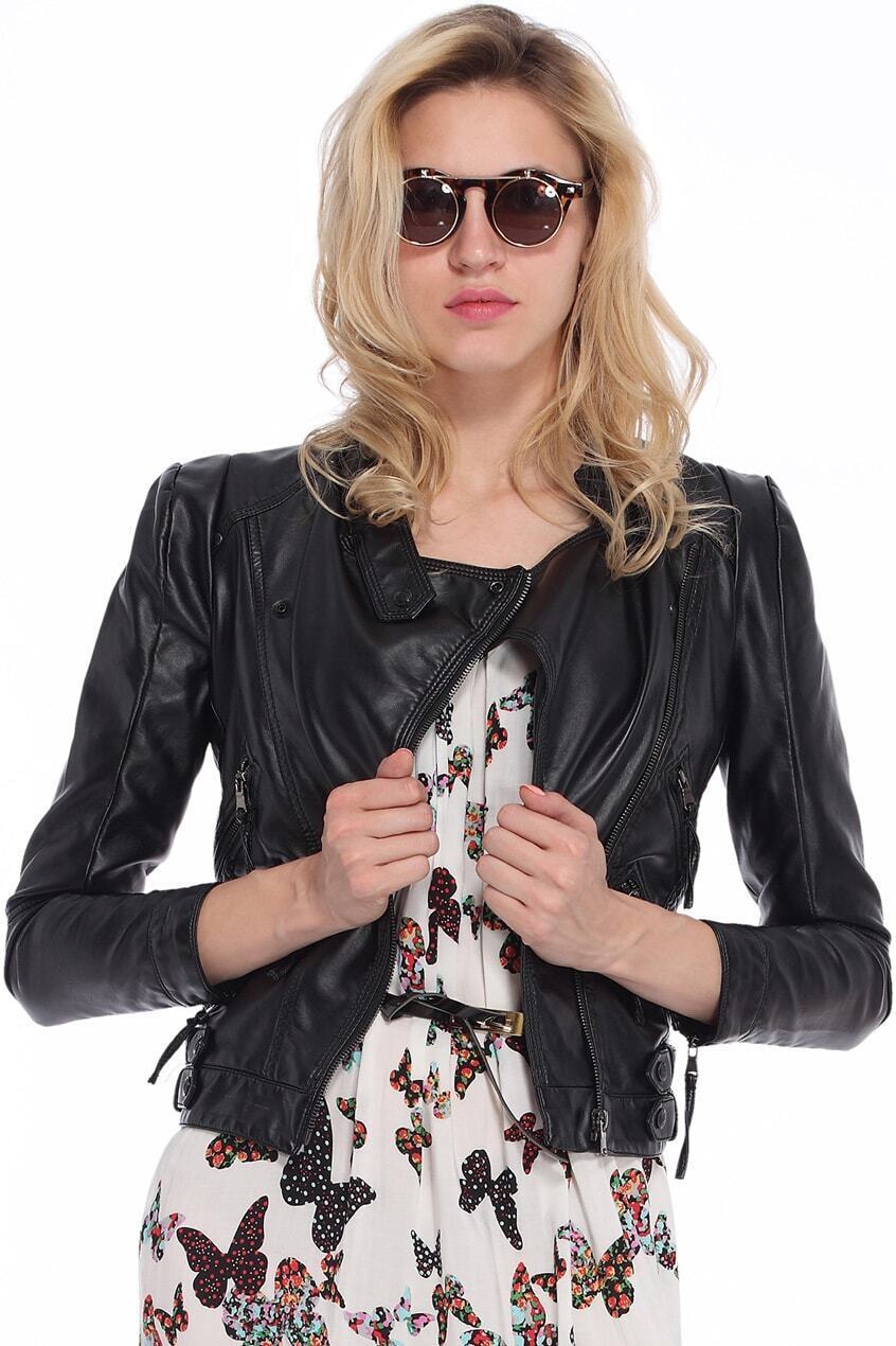 Zippered Black Faux Leather JacketFor Womenromwe