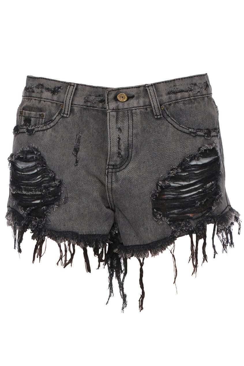 Shredded Mini Grey Denim ShortsFor Womenromwe
