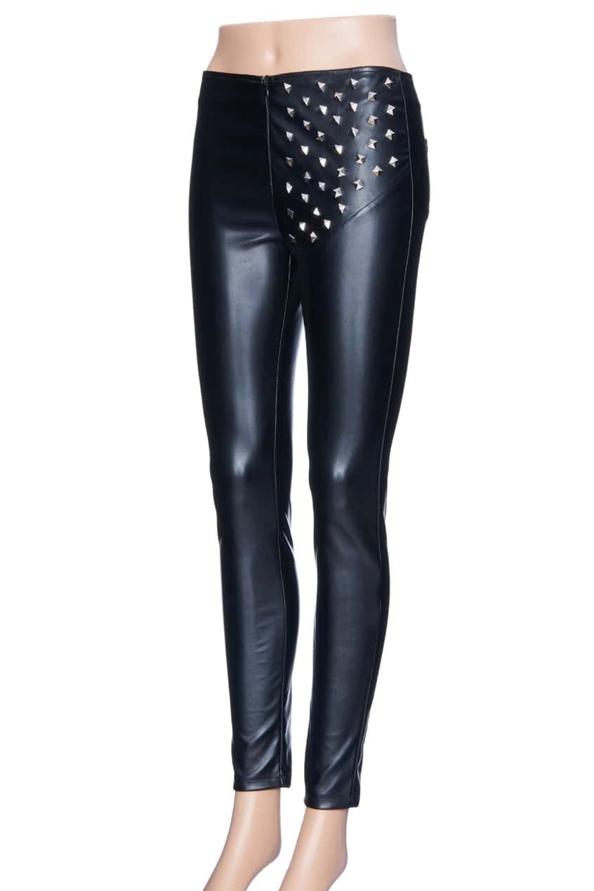 Studed Black Faux Leather PantsFor Women-romwe