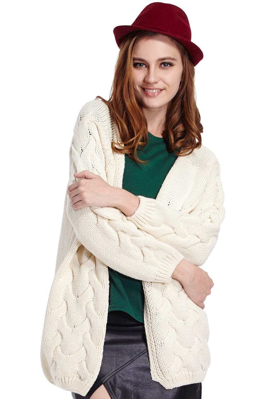 Loose Cable Knit Cream CardiganFor Womenromwe