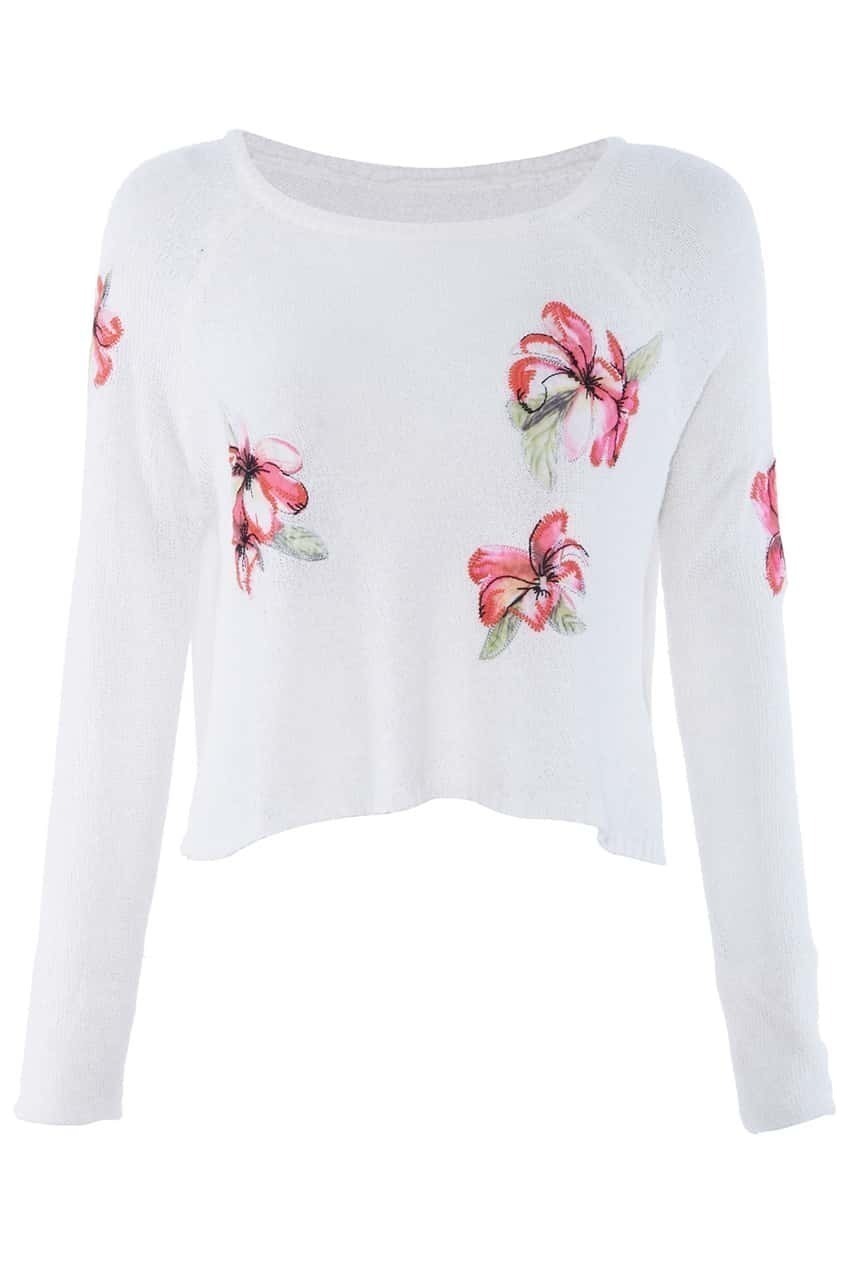 Embroidered Flowers Midriff White Knitted JumperFor Womenromwe