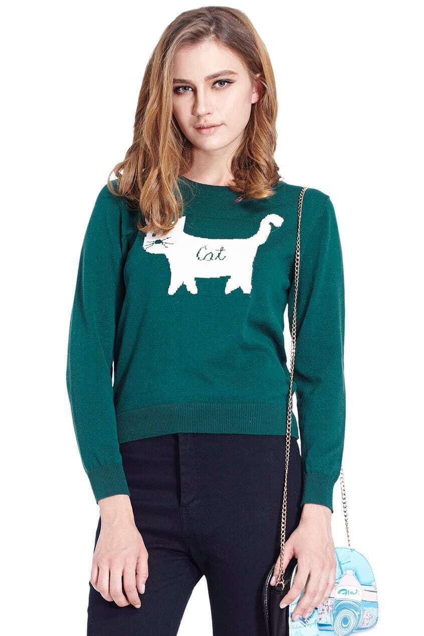 Knitted White Cat Green JumperFor Womenromwe