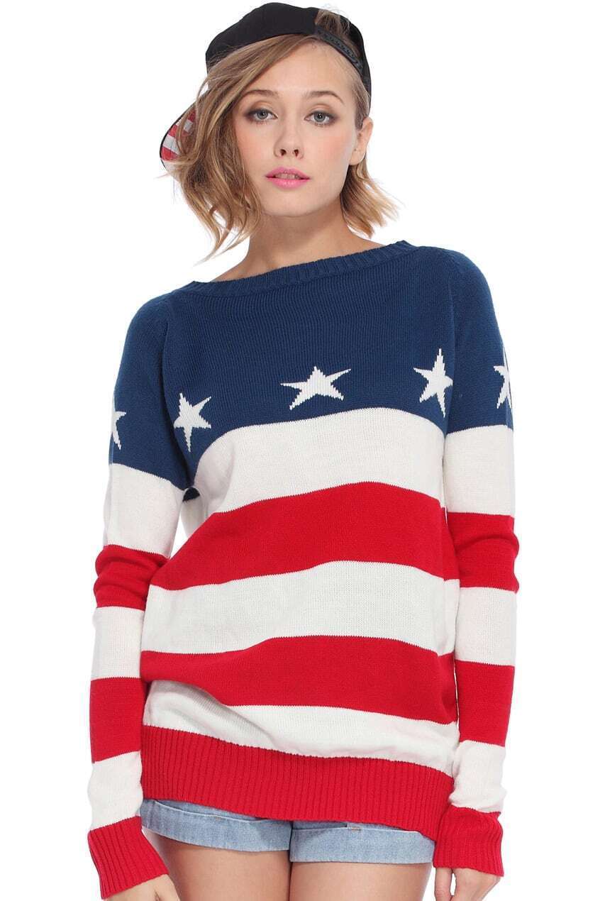 red blue and white jumper