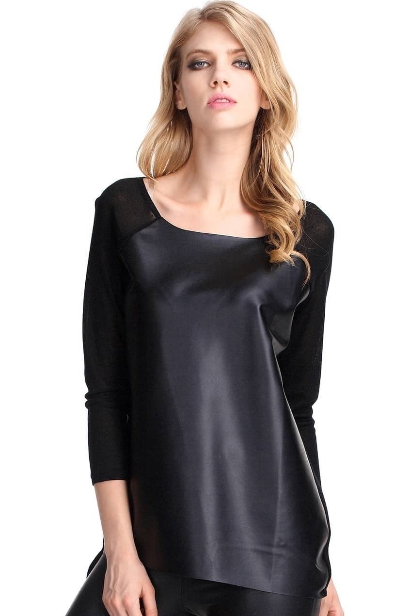 Faux Leather Black TshirtFor Womenromwe