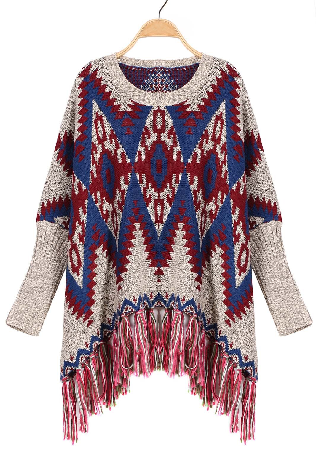 Geometric Print Tassel Knit Blue SweaterFor Womenromwe
